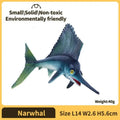 A detailed sailfish figurine finished goods pvc animal toy with dark blue body, green fins, yellow eyes, and open mouth