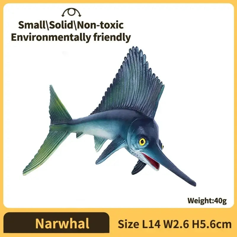 A detailed sailfish figurine finished goods pvc animal toy with dark blue body, green fins, yellow eyes, and open mouth
