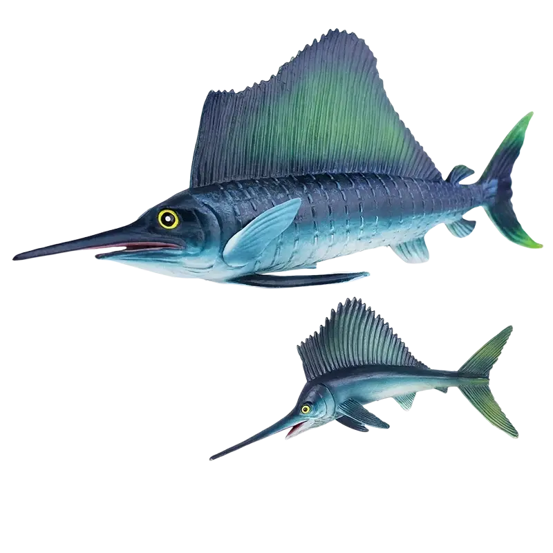 Detailed finished goods pvc sailfish figurine with realistic blue and green coloration and textured scales