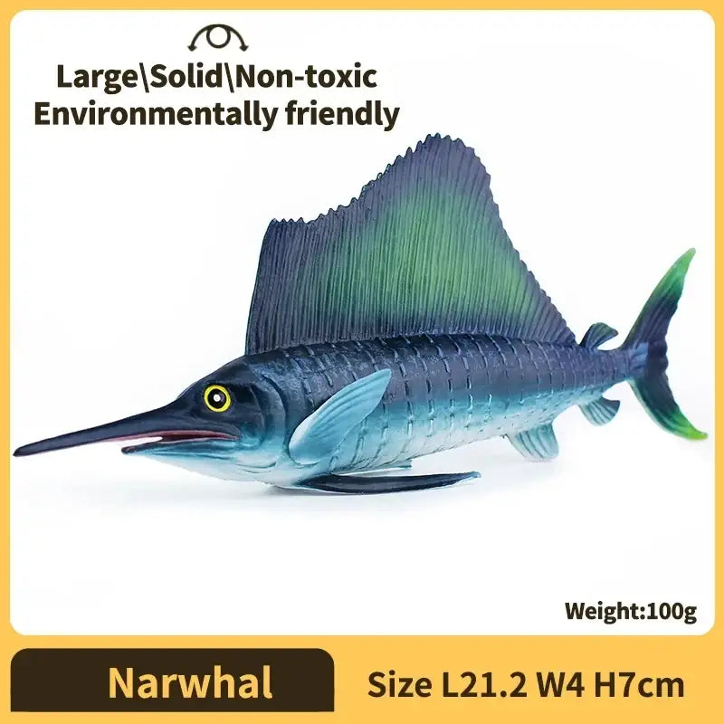 A detailed finished goods sailfish figurine made of solid pvc with sleek blue green body and sharp black-tipped fins