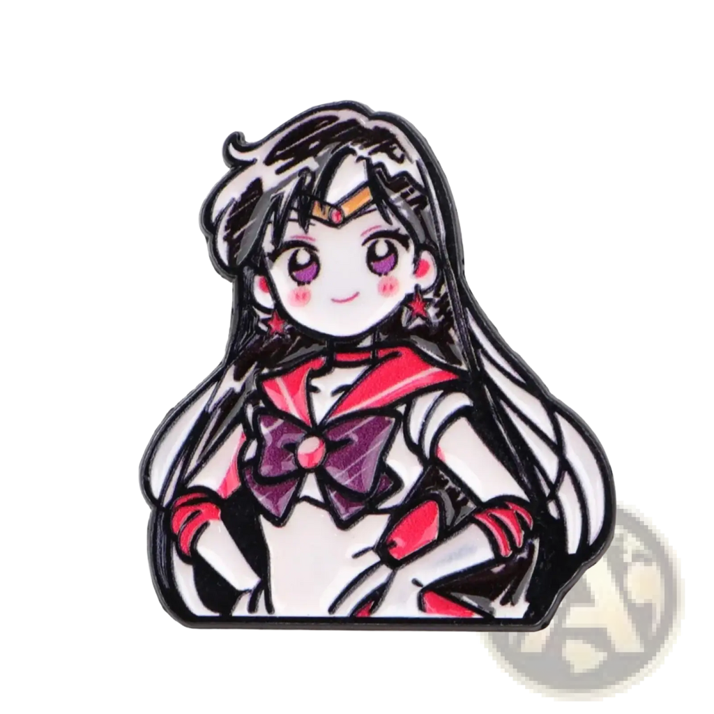 A glossy enamel pin featuring a chibi-style Sailor Moon with black hair purple eyes and red bow in sailor uniform