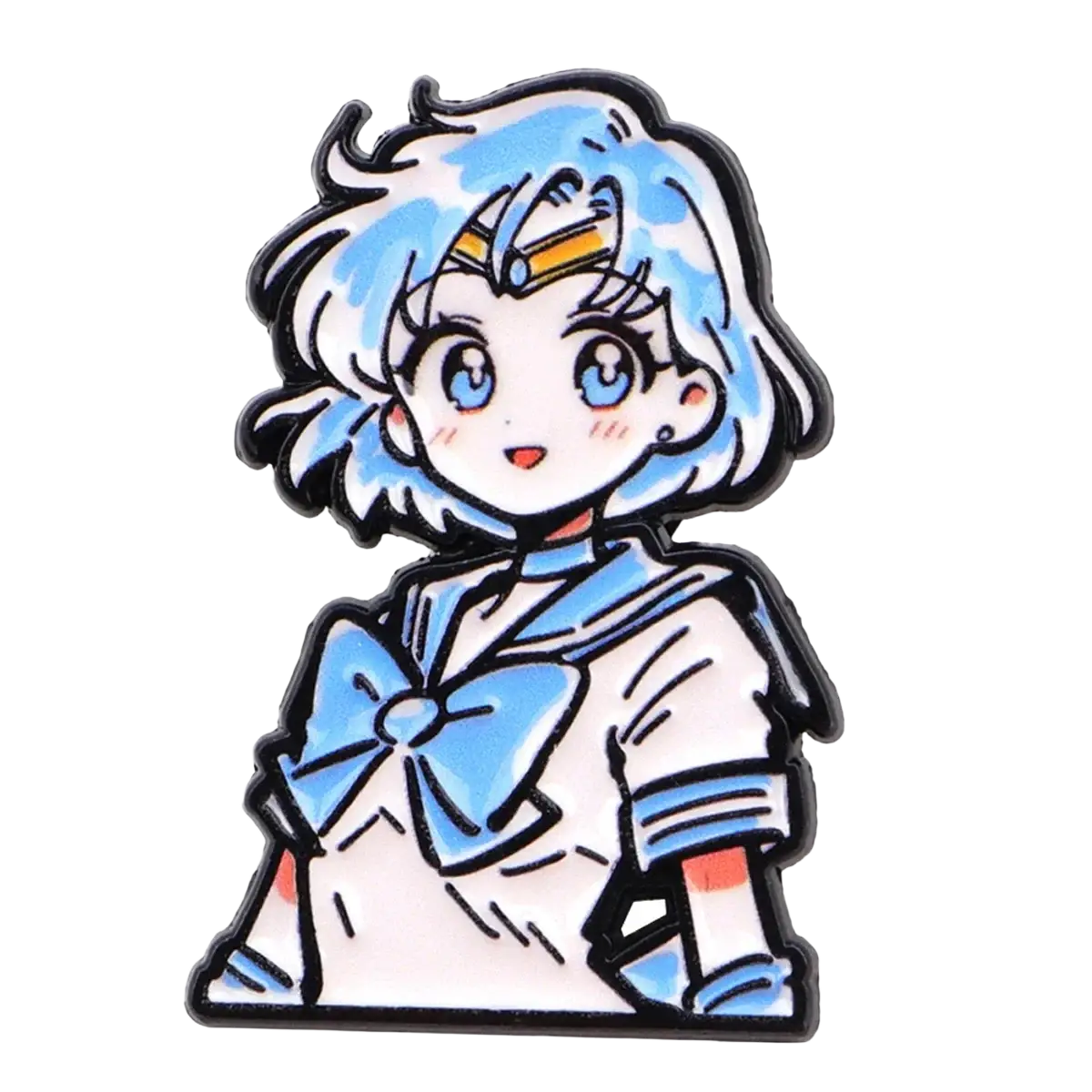 Blue-haired anime character enamel pin with sailor-style outfit gold headband featuring in sailor moon cat pin set