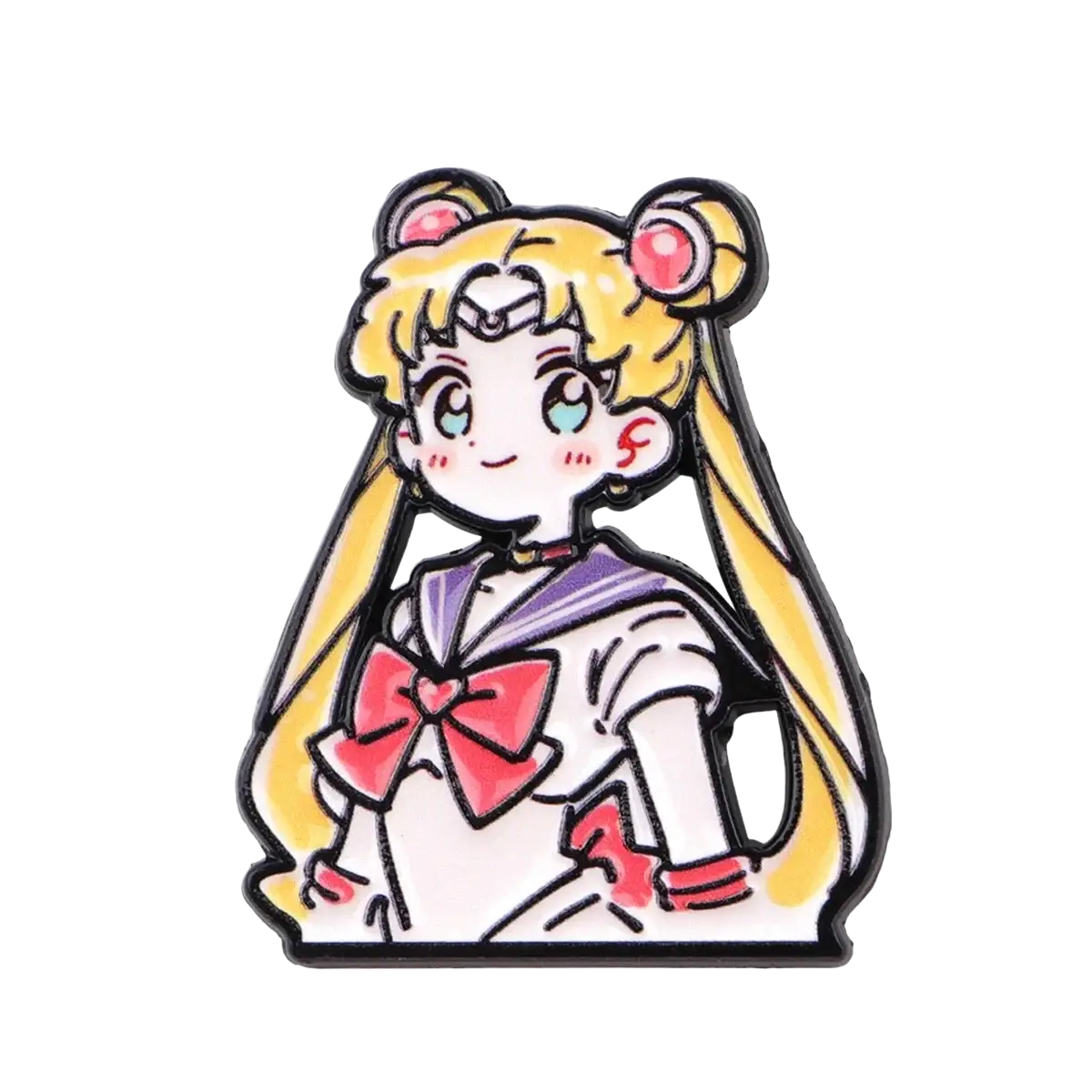 A charming enamel pin featuring chibi-style sailor moon with blonde hair and pink gemstone accessories in white uniform
