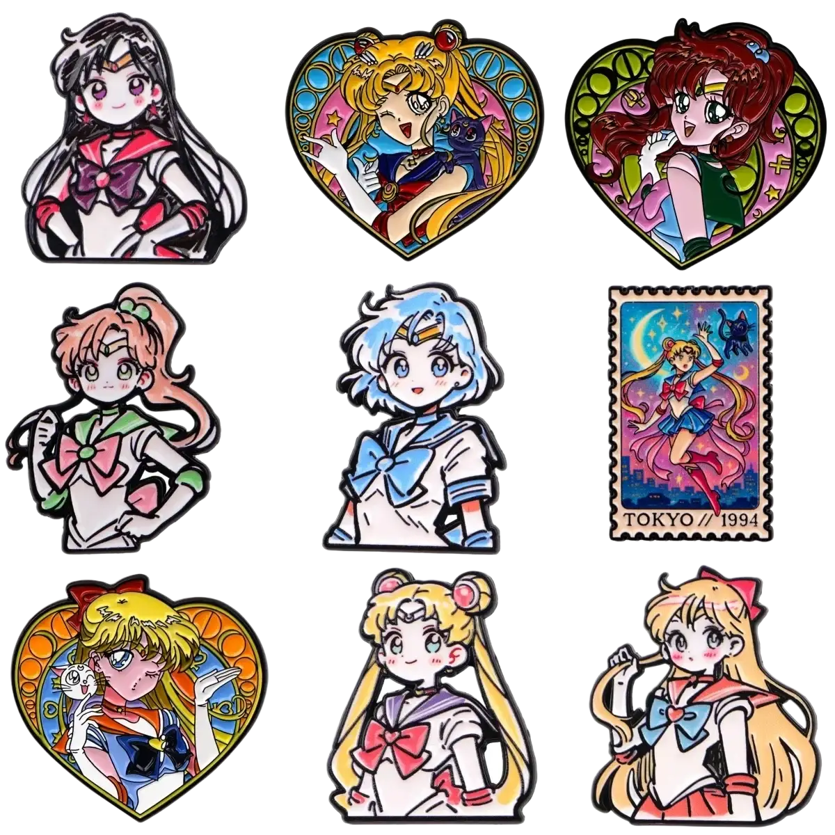 Collection of colorful enamel pins featuring sailor moon characters in various designs and poses from a cat set