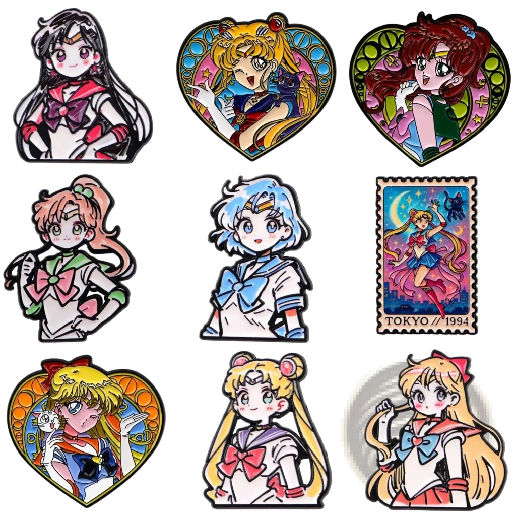 Collection of colorful enamel pins featuring sailor moon characters in various designs and poses from a cat set