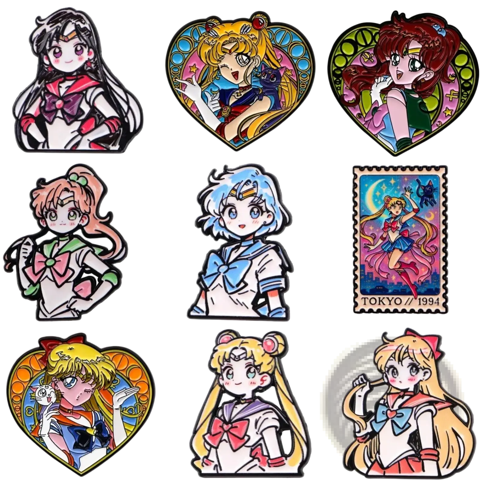 Collection of colorful enamel pins featuring sailor moon characters in various designs and poses from a cat set