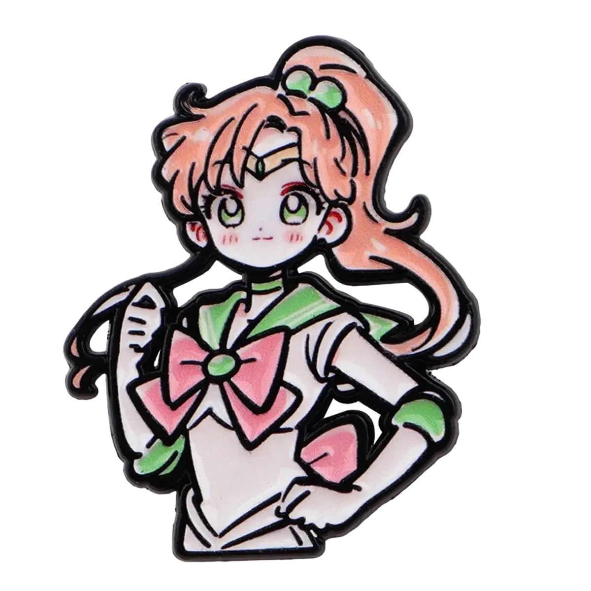 Colorful enamel pin from Sailor Moon cat set featuring a cartoon character with peach hair and green eyes in white uniform