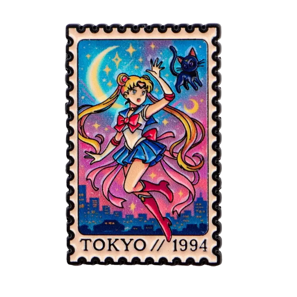 Colorful enamel pin shaped like a postage stamp featuring sailor moon in blue and white uniform with black cat