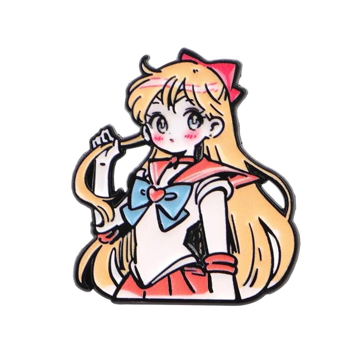 A colorful enamel pin of a cartoon anime girl with blonde hair in a red white and blue sailor outfit from Sailor Moon Cat set