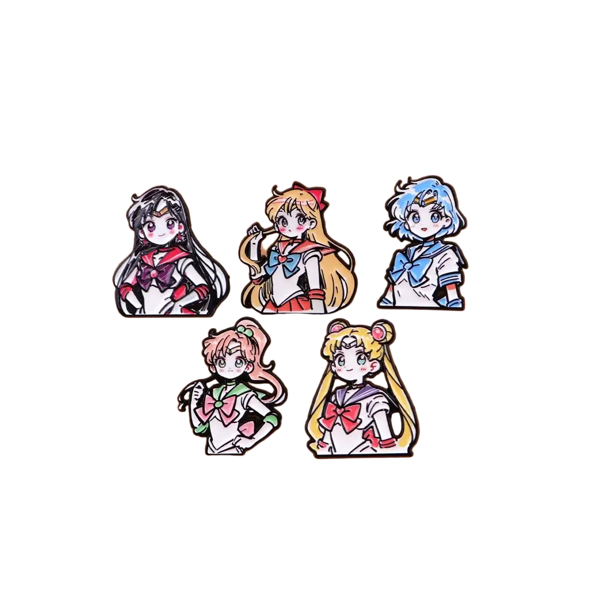 Set of five colorful enamel pins featuring sailor moon characters in their iconic sailor fuku uniforms