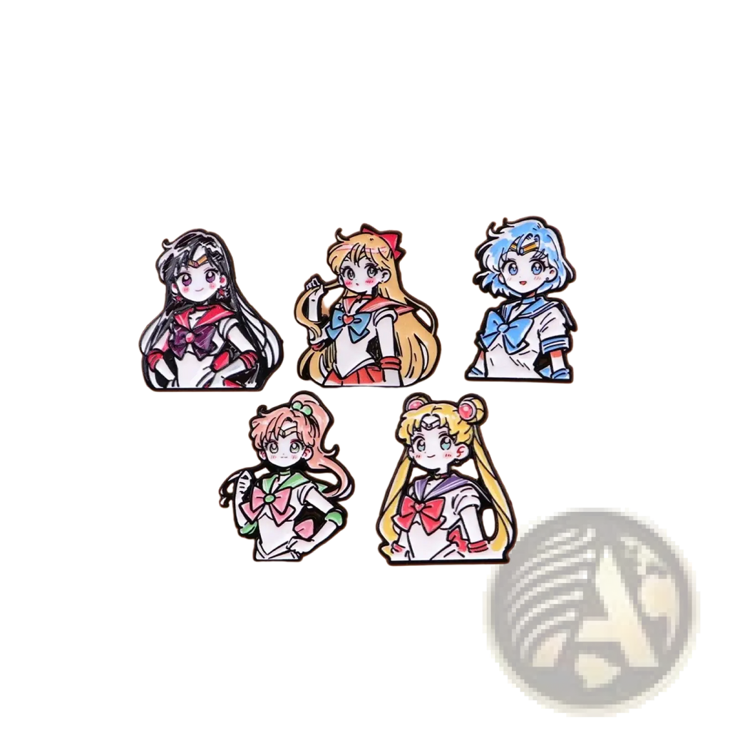Set of five colorful enamel pins featuring sailor moon characters in their iconic sailor fuku uniforms