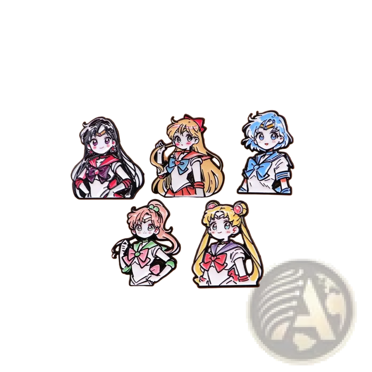 Set of five colorful enamel pins featuring sailor moon characters in their iconic sailor fuku uniforms