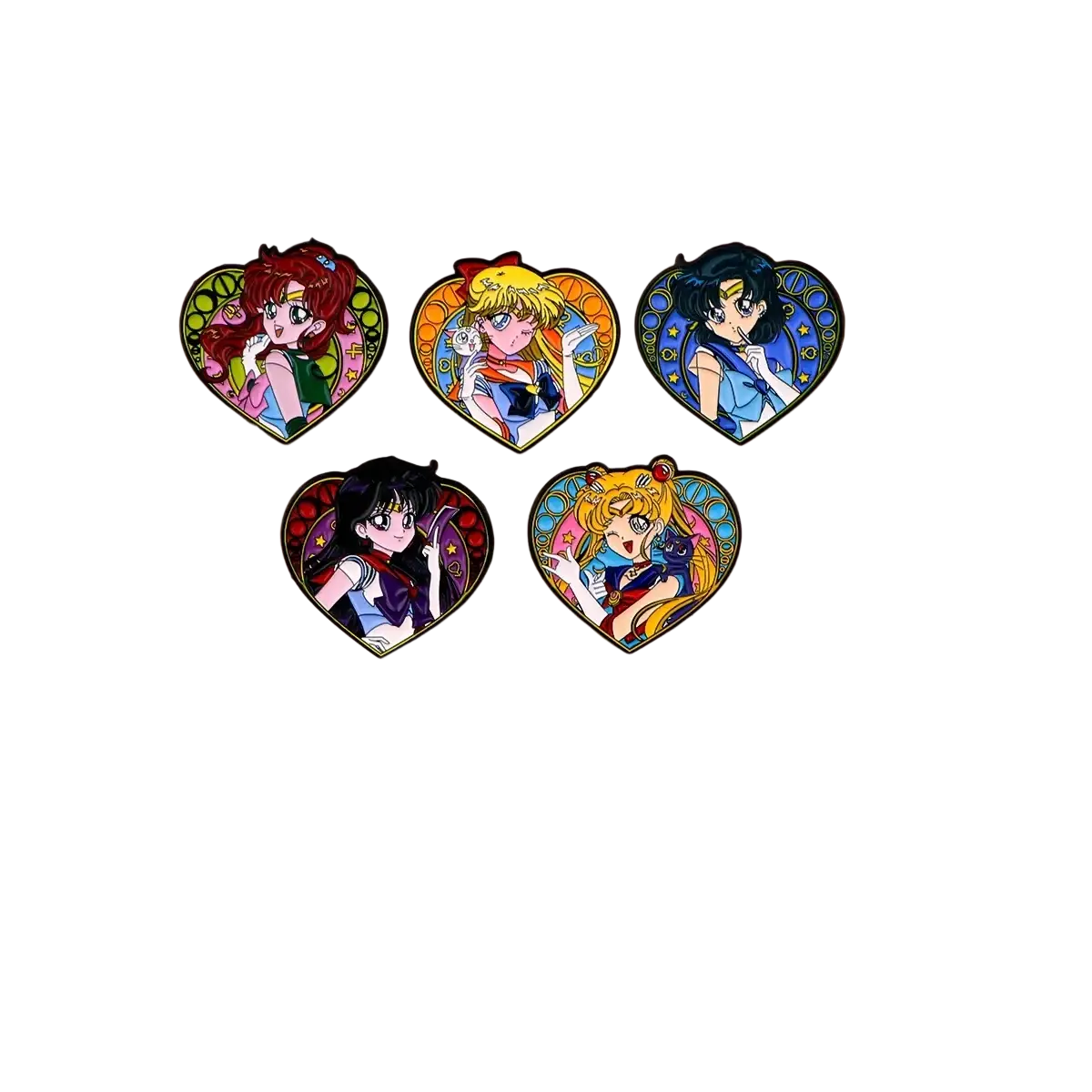 Five heart-shaped colorful enamel pins featuring sailor moon characters with black outlines in a cat enamel pin set