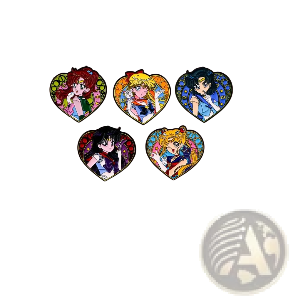 Five heart-shaped colorful enamel pins featuring sailor moon characters with black outlines in a cat enamel pin set