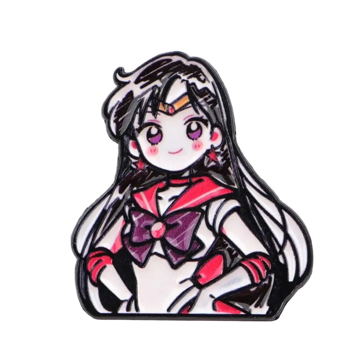 A glossy enamel pin featuring a chibi-style Sailor Moon with black hair purple eyes and red bow in sailor uniform