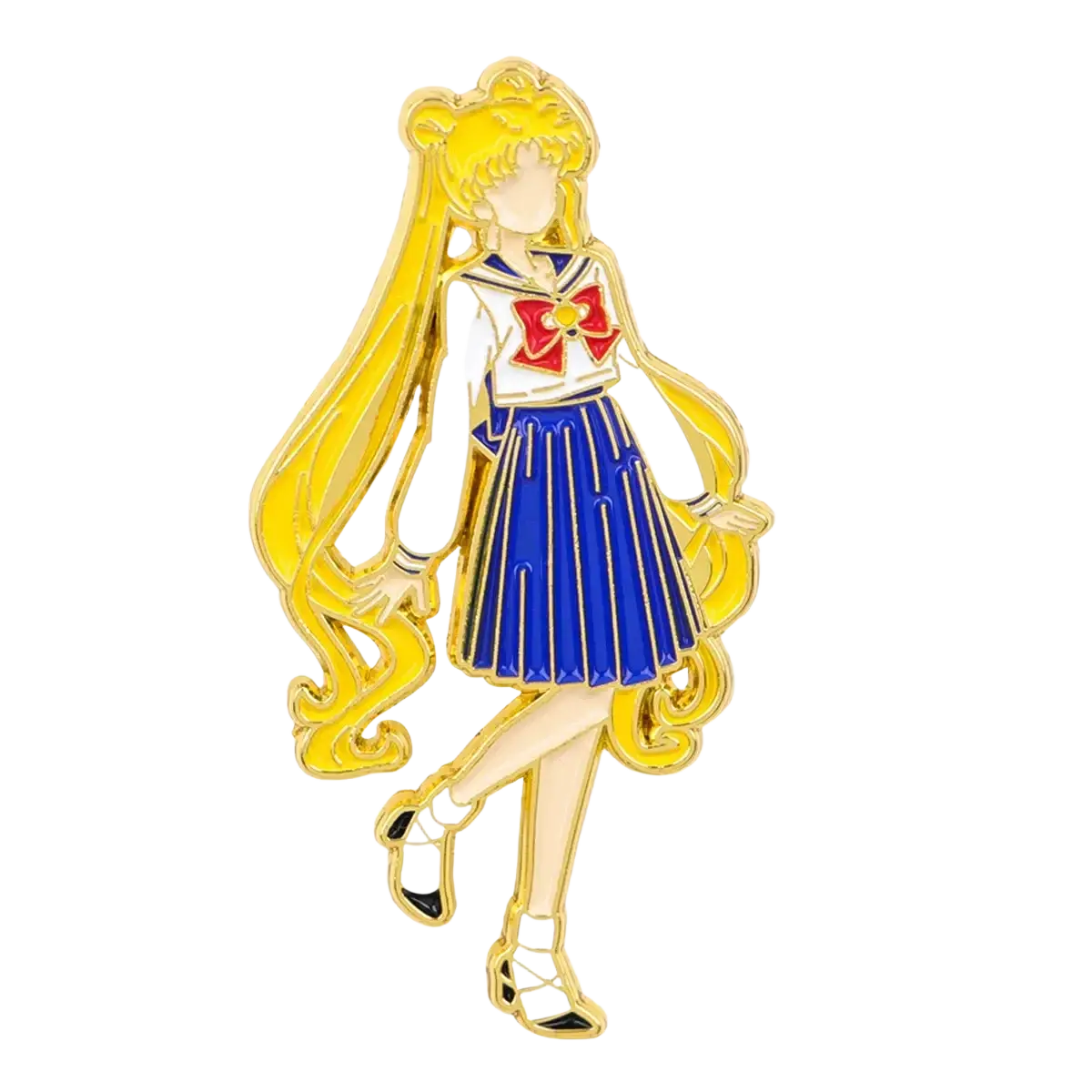 Golden enamel pin featuring a stylized sailor moon character in sailor fuku with blonde hair and blue skirt