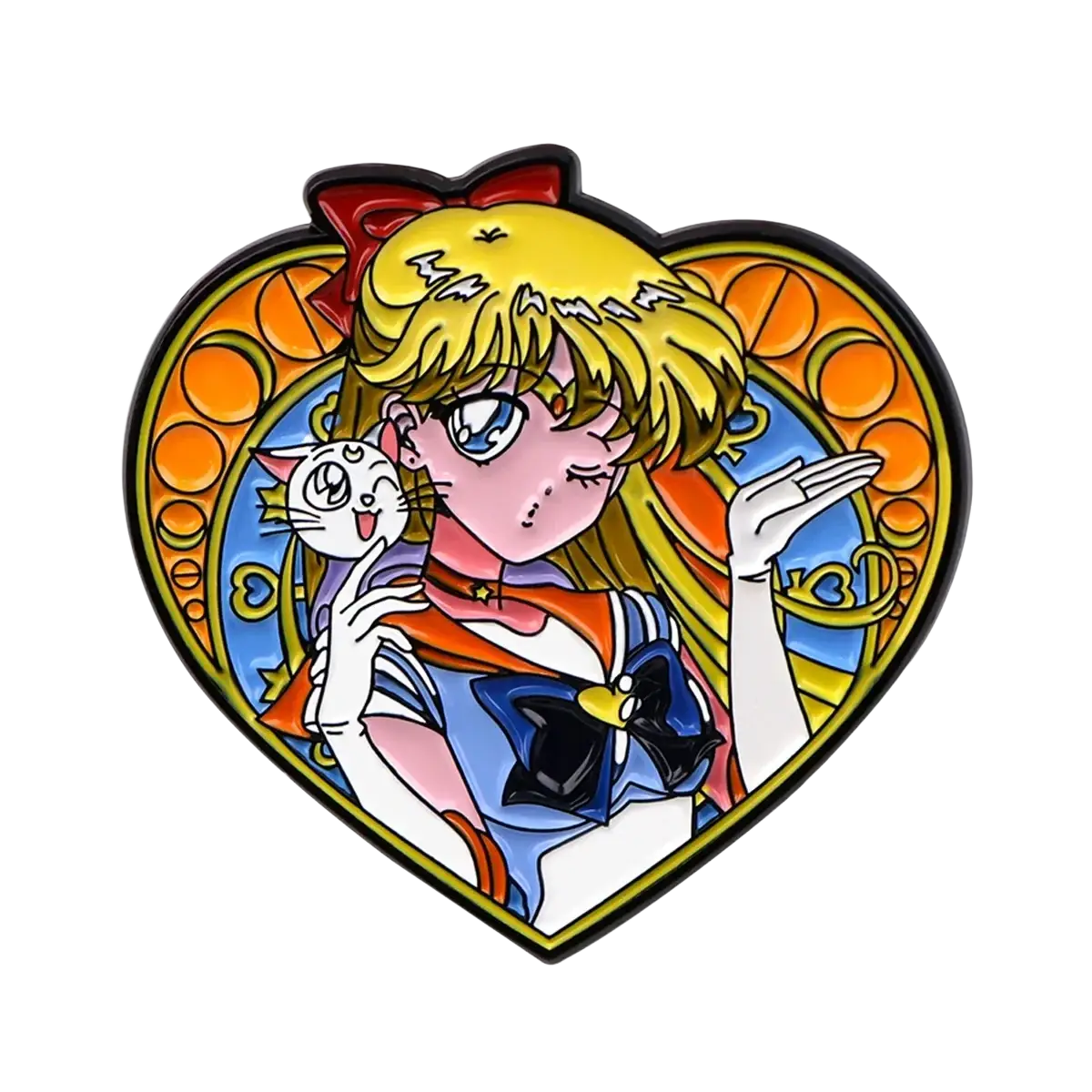 Heart-shaped enamel pin featuring Sailor Moon with blonde hair and red bow holding Luna against stained-glass background