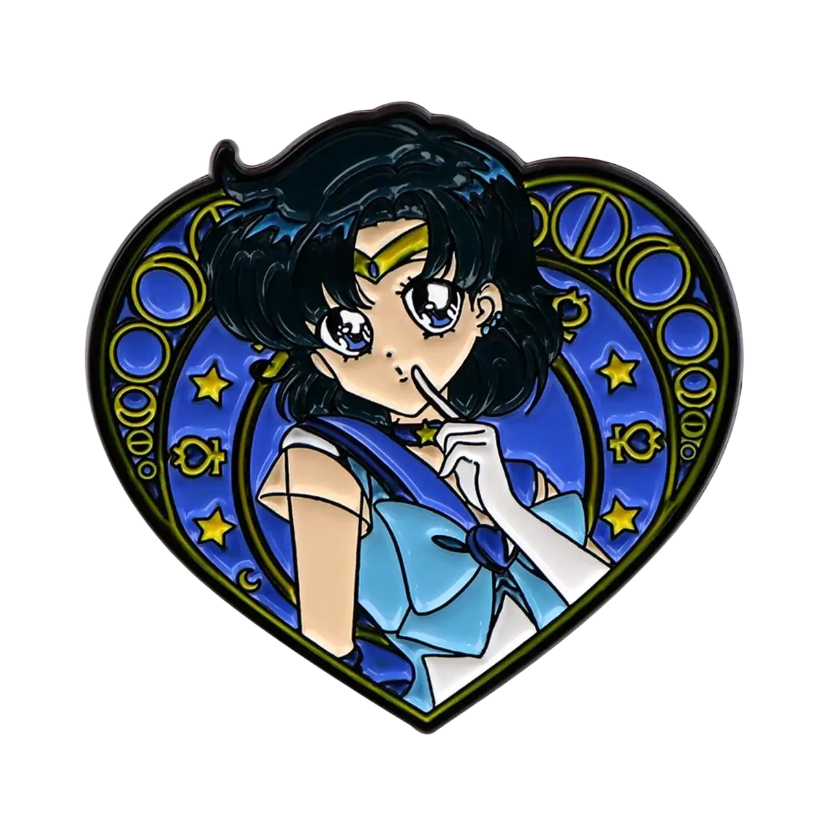 Heart-shaped enamel pin featuring Sailor Moon in blue and white uniform with gold headband on starry blue background