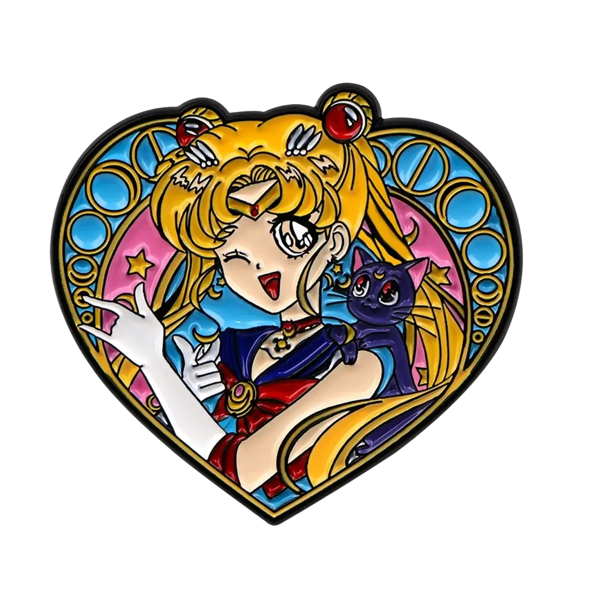 Heart-shaped enamel pin set featuring sailor moon with blonde hair red gem tiara and black cat on stained-glass background