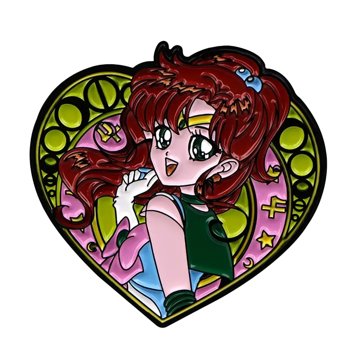 Heart-shaped enamel pin featuring cartoon character with red hair and green eyes from Sailor Moon Cat set