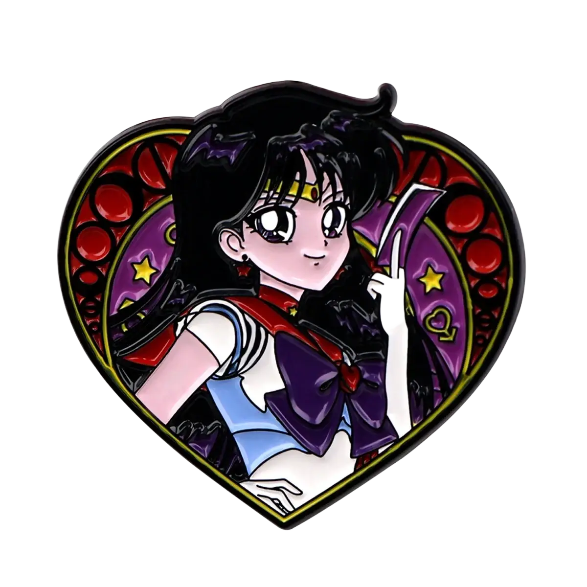 Heart-shaped enamel pin featuring sailor Saturn in purple blue uniform with red sash on stained-glass style background
