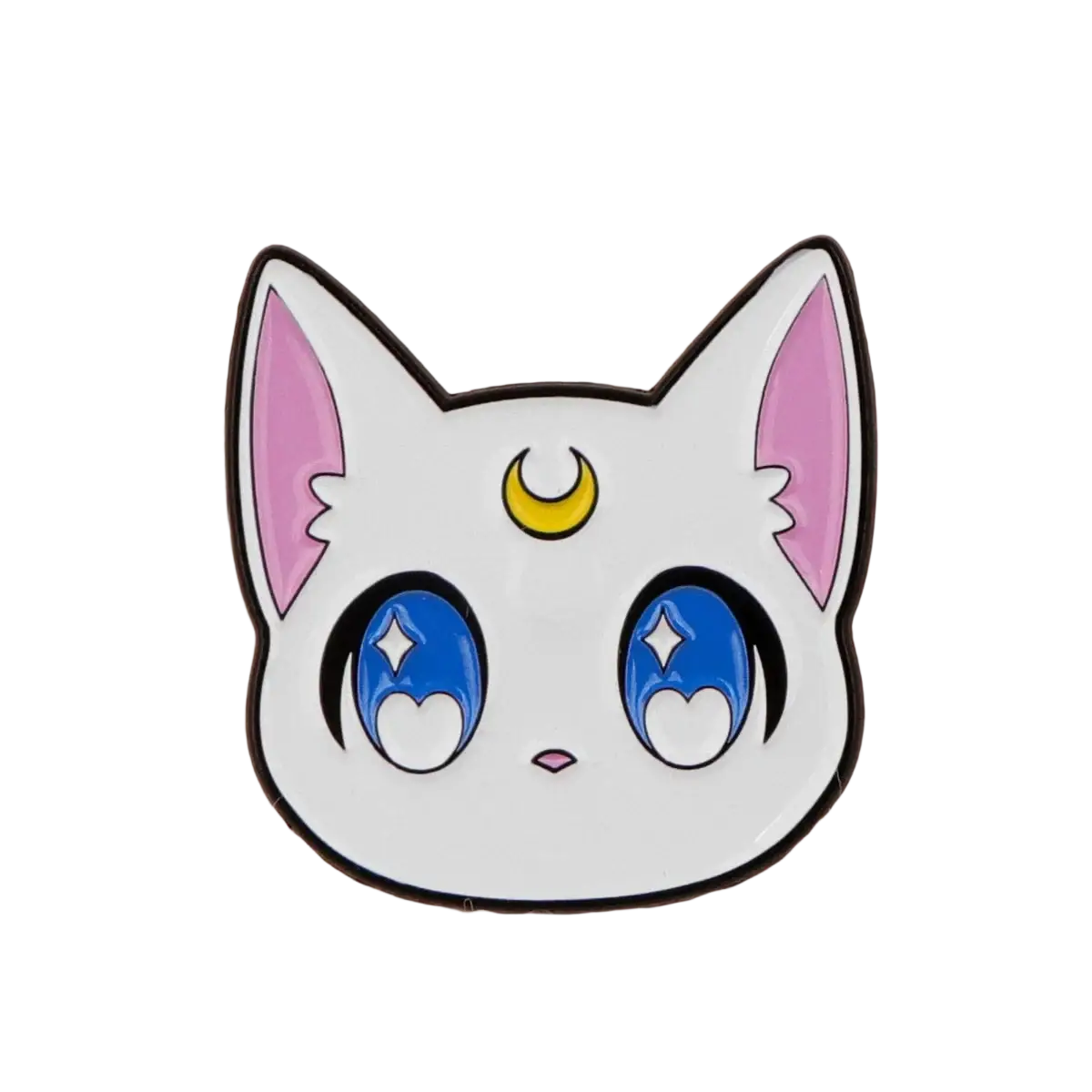 Sailor Moon cat enamel pin set featuring a white enamel pin with a cute cat face blue eyes and yellow crescent moon