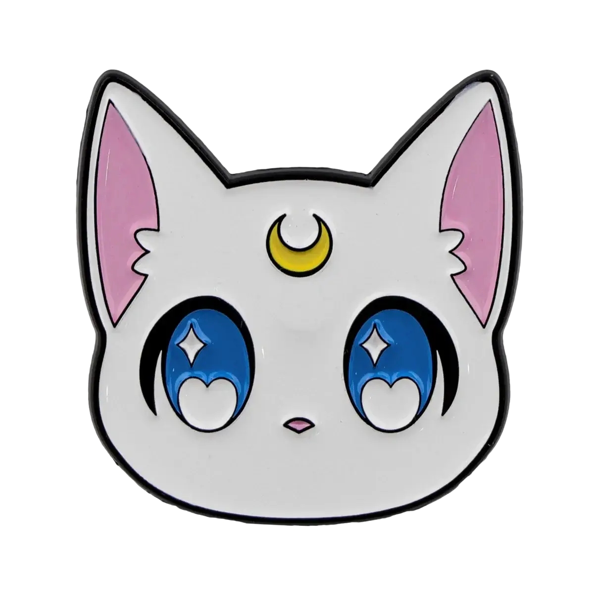 White enamel Sailor Moon cat pin featuring a cute cat face with pink ears blue eyes and yellow crescent moon detail
