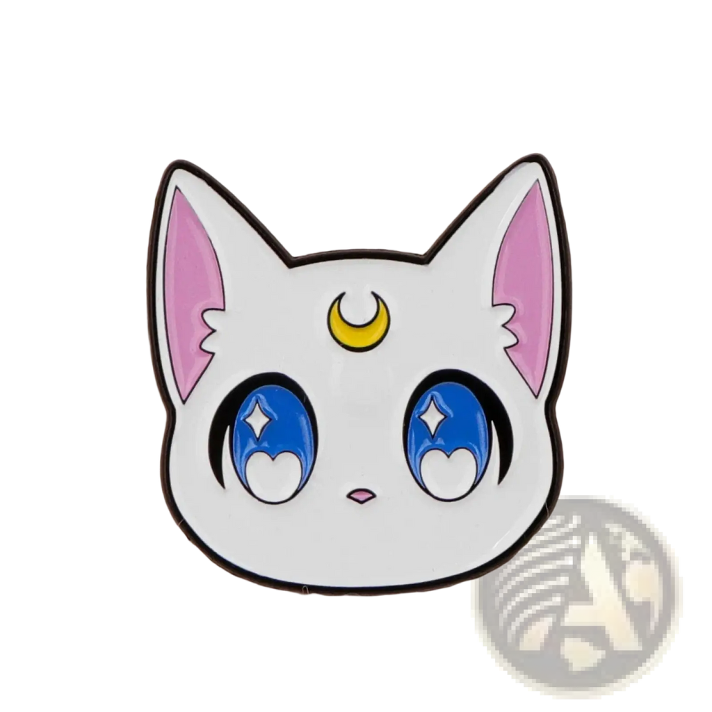 Sailor Moon cat enamel pin set featuring a white enamel pin with a cute cat face blue eyes and yellow crescent moon