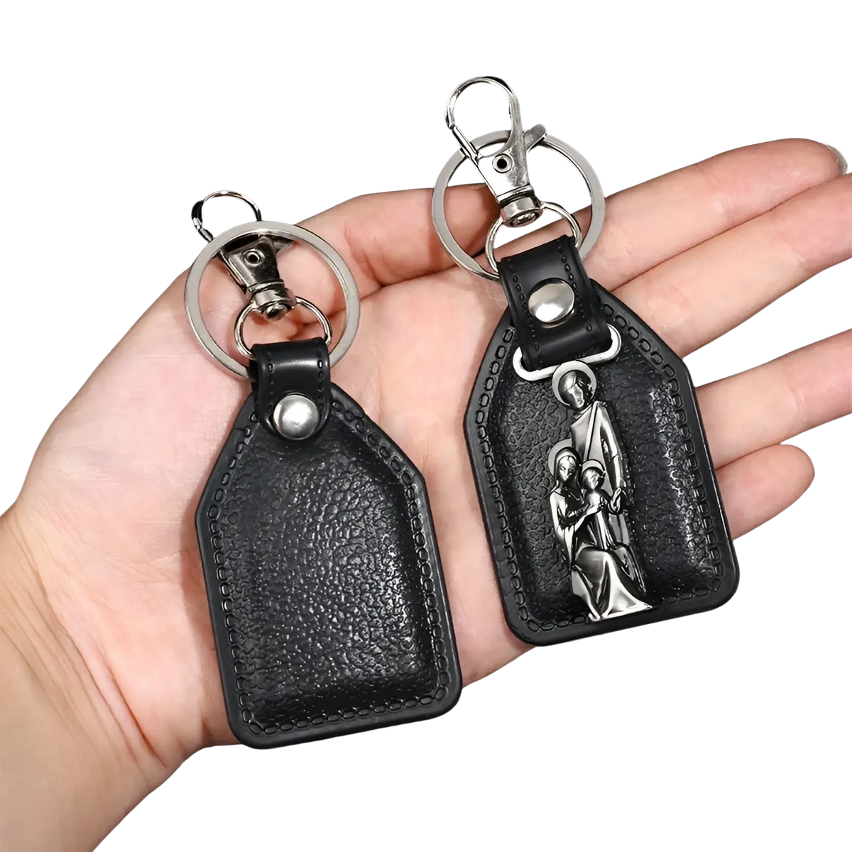 Black leather saint christopher keychain with silver clasp and antique bronze religious figure engraving