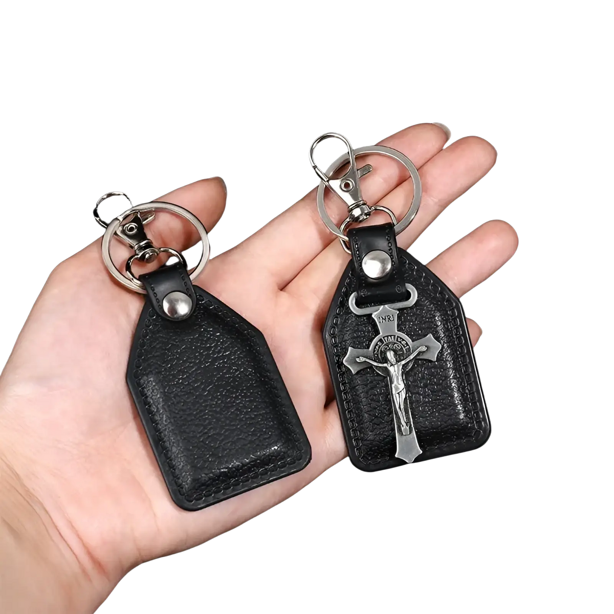 Black leather saint christopher keychain with silver cross pendant and antique bronze hardware