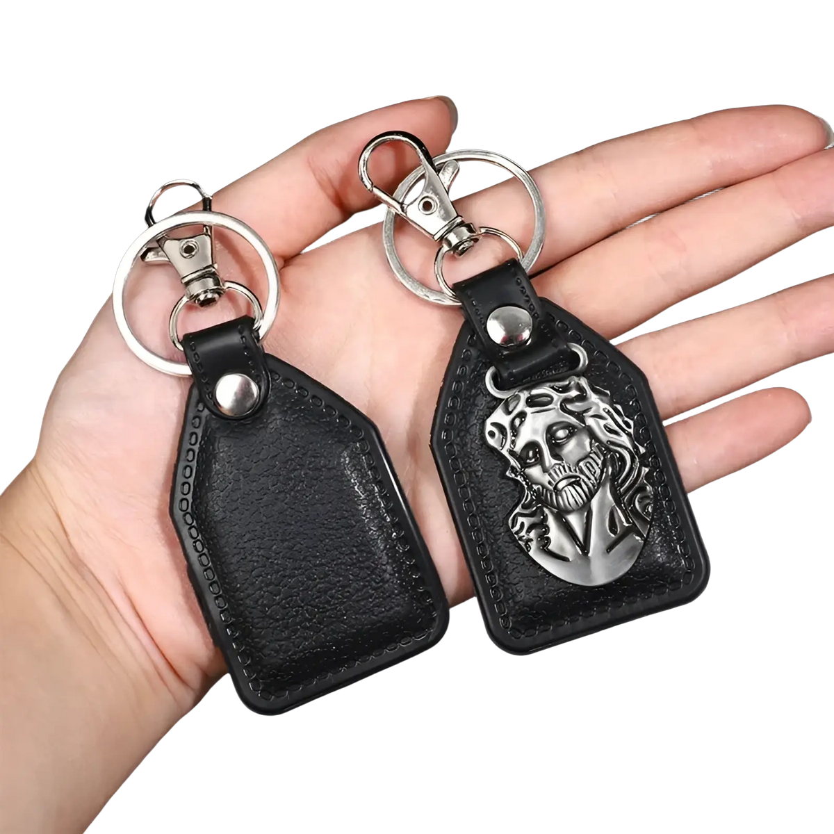 Black leather saint christopher keychain with silver metal jesus face emblem and antique bronze hardware