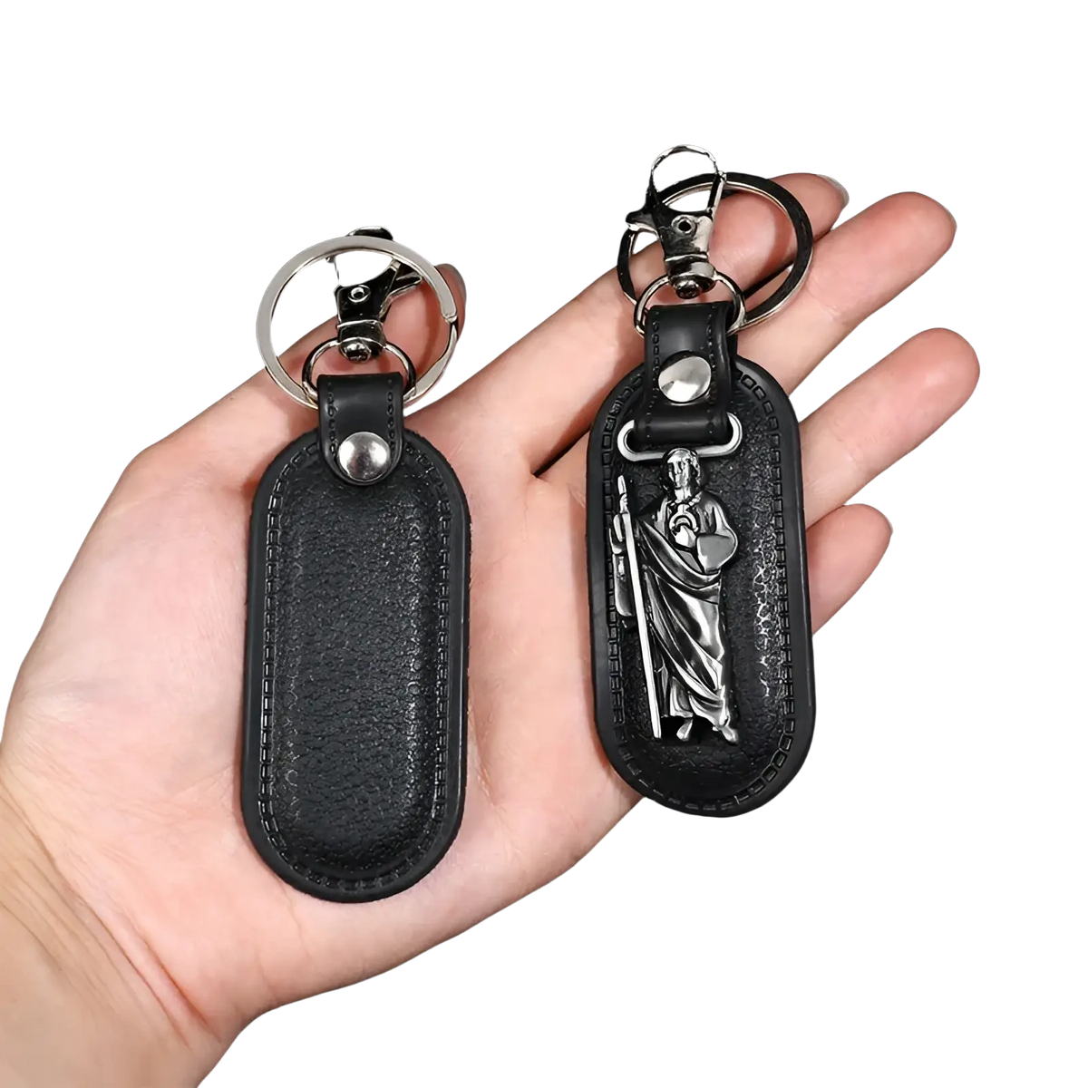 Black leather saint christopher keychain with silver clasp and decorative antique bronze figure