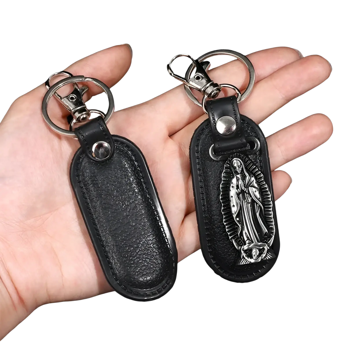 Black leather saint christopher keychain with silver-toned clasp and detailed virgin of guadalupe relief