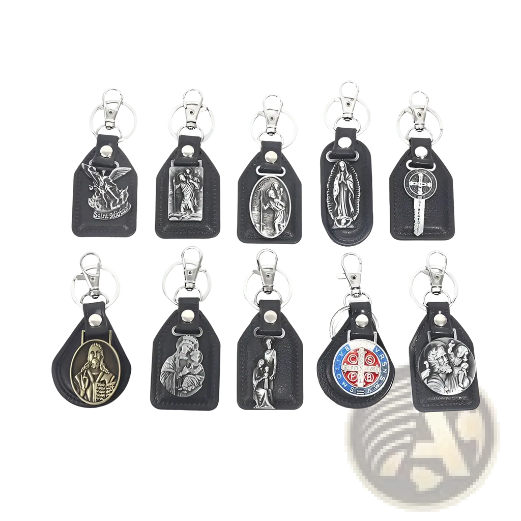 Black leather saint christopher keychain with silver-toned religious medallion and antique bronze clasp