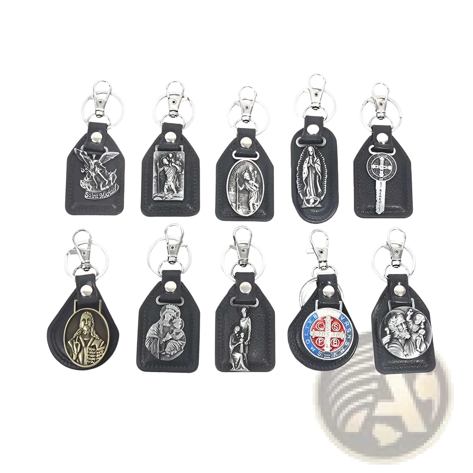 Black leather saint christopher keychain with silver-toned religious medallion and antique bronze clasp