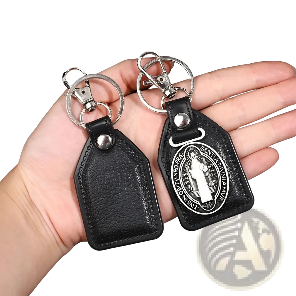 Black leather saint christopher keychain with silver clasp and embossed religious medallion in antique bronze finish