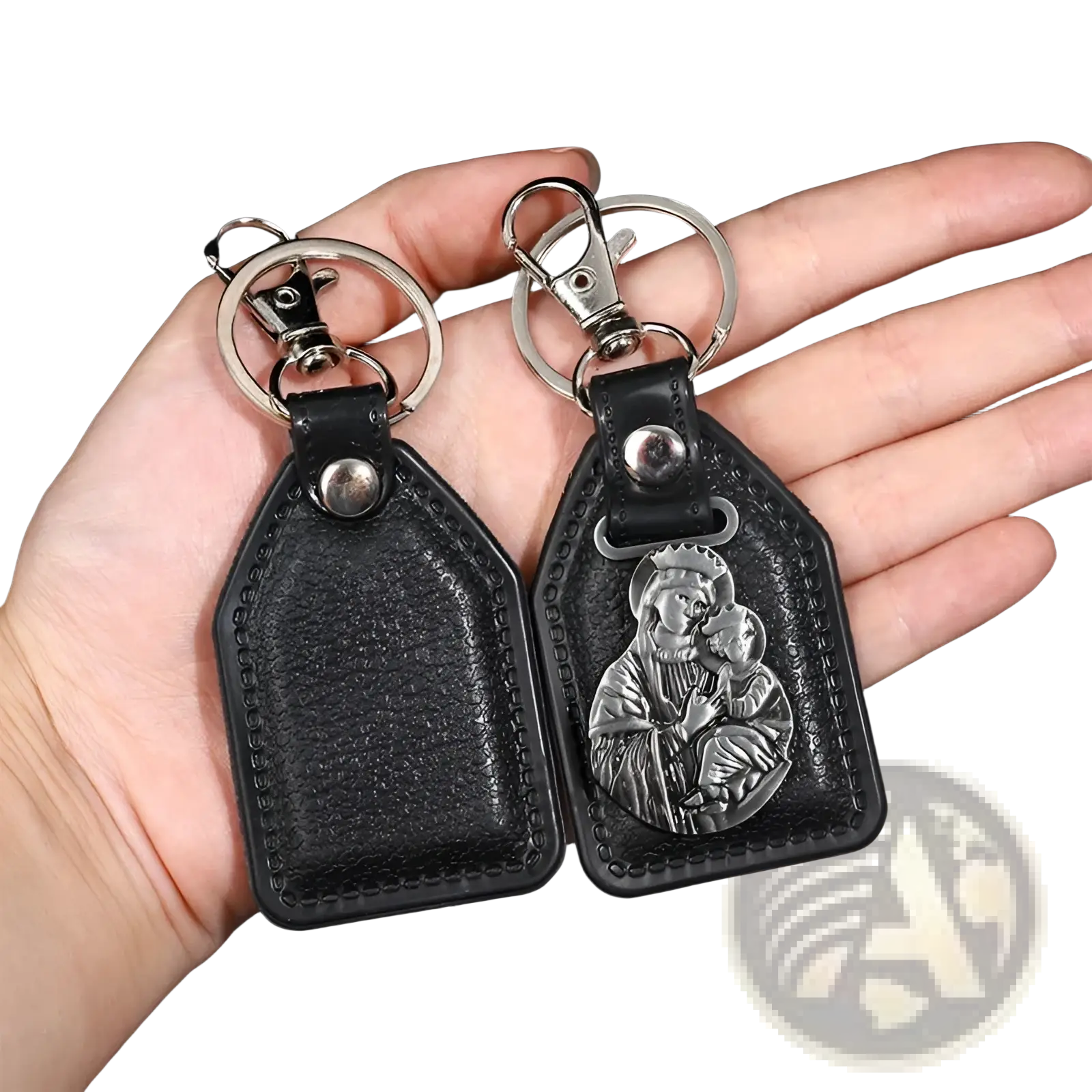 Black leather saint christopher keychain with silver-toned religious medallion antique bronze finish