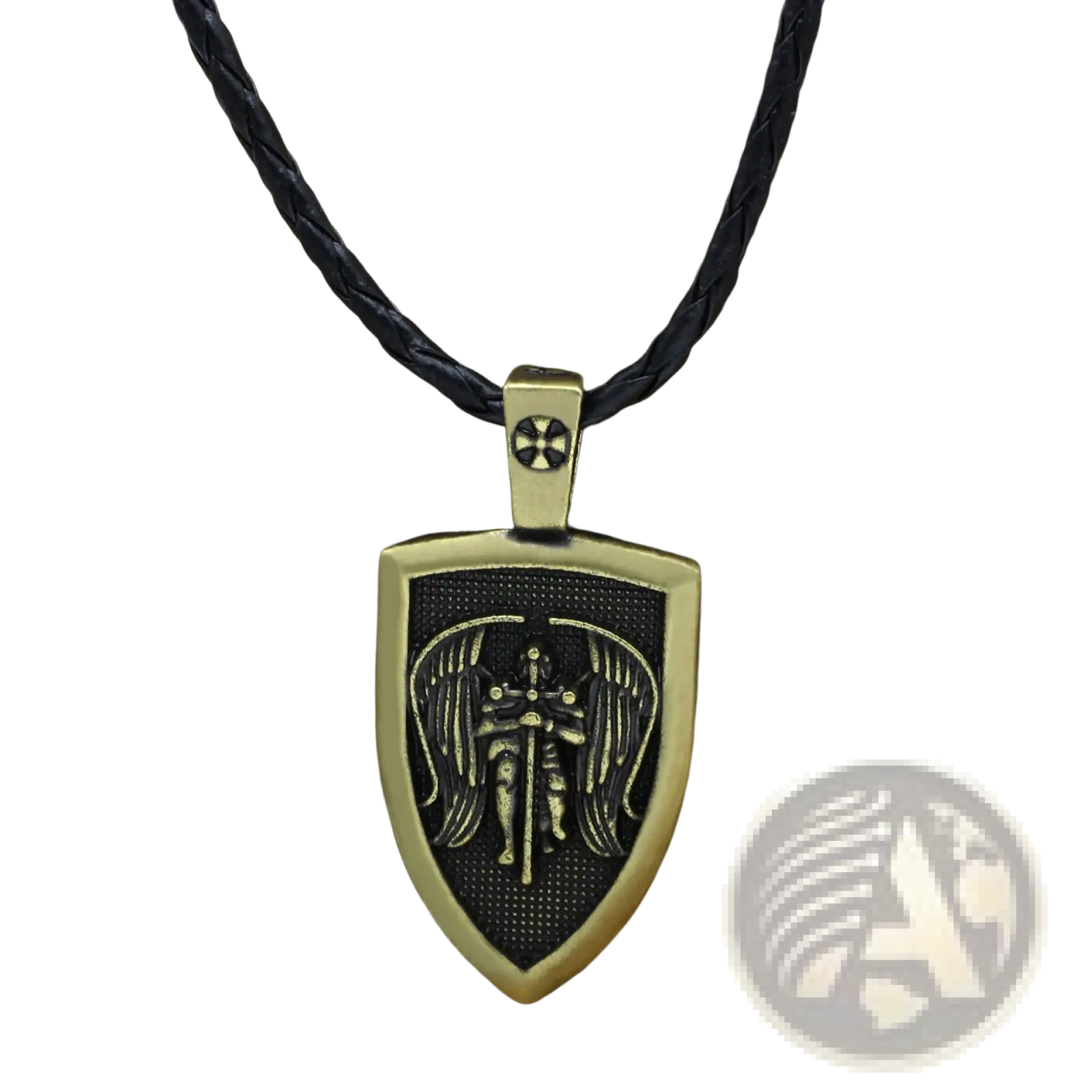 Bronze saint michael archangel shield pendant with engraved figure holding sword on black braided cord necklace