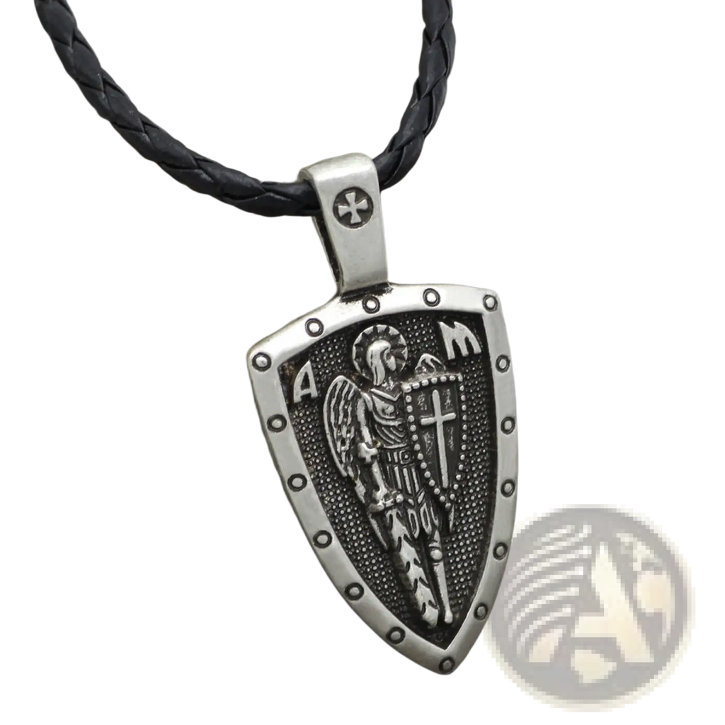 Silver shield-shaped saint michael archangel pendant with engraved angel on black braided leather cord necklace