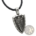 Silver shield-shaped saint michael archangel pendant with engraved angel on black braided leather cord necklace