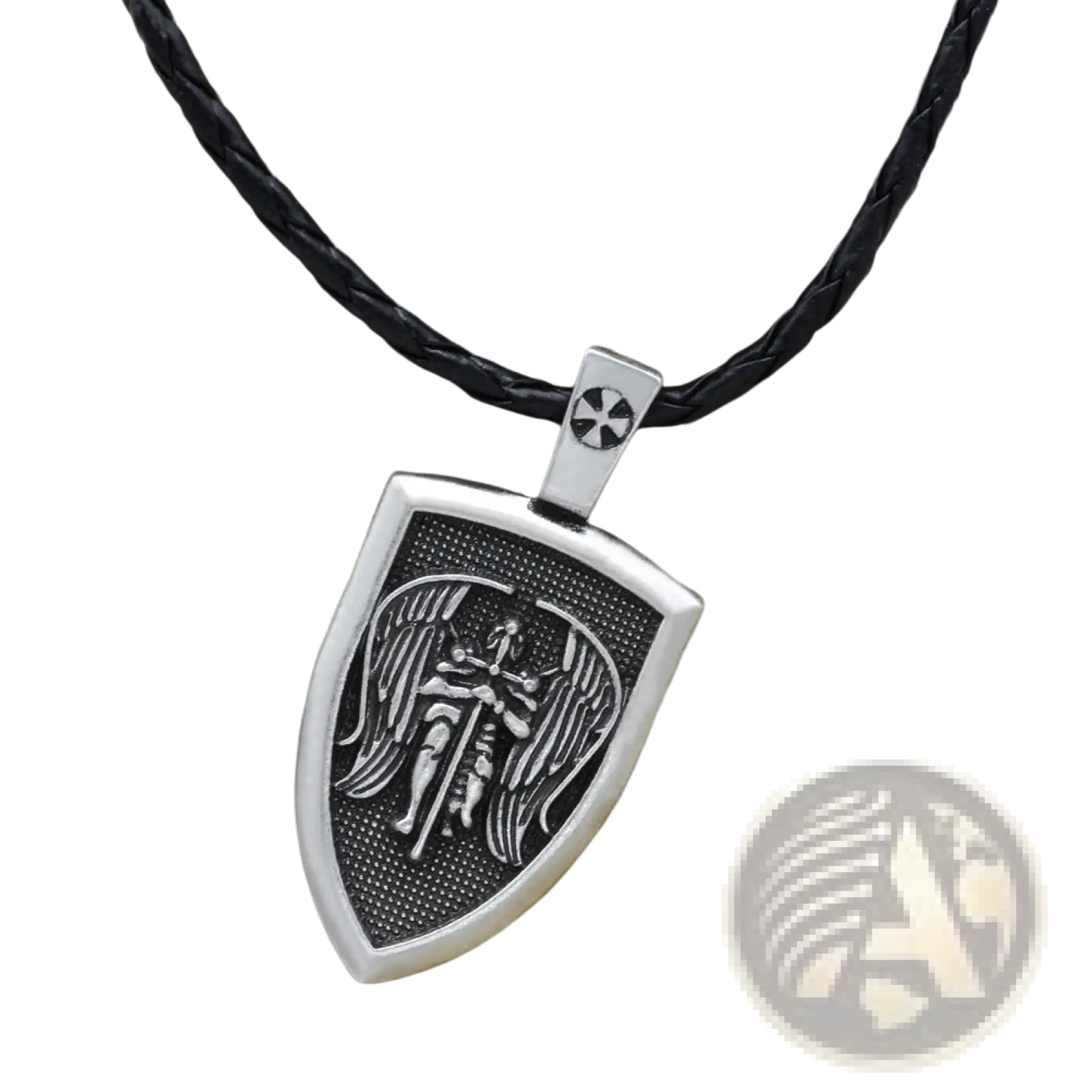 Silver shield-shaped Saint Michael archangel pendant with engraved wings and sword on black braided cord necklace