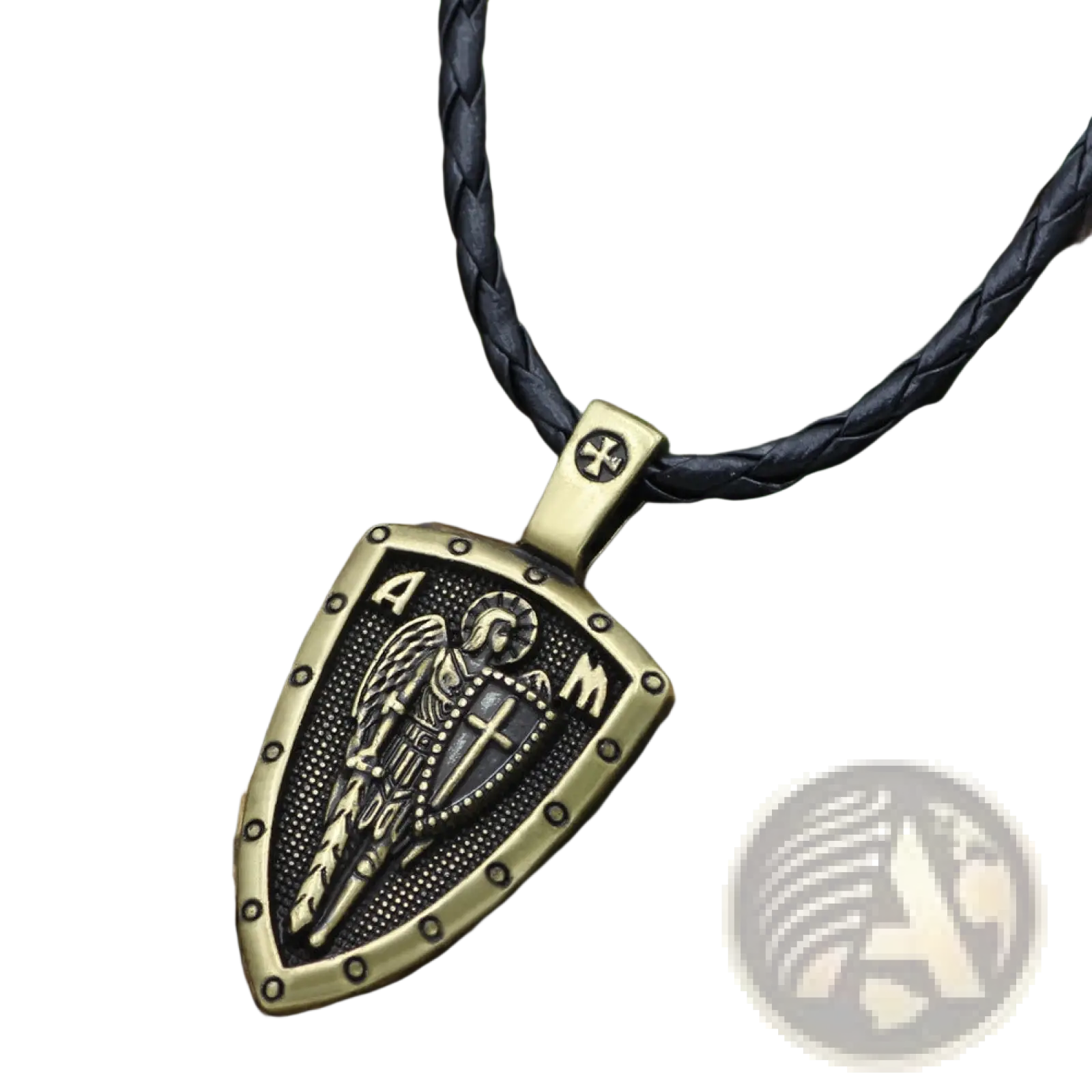 Bronze saint michael archangel shield pendant with engraved angelic figure and cross on black braided leather cord