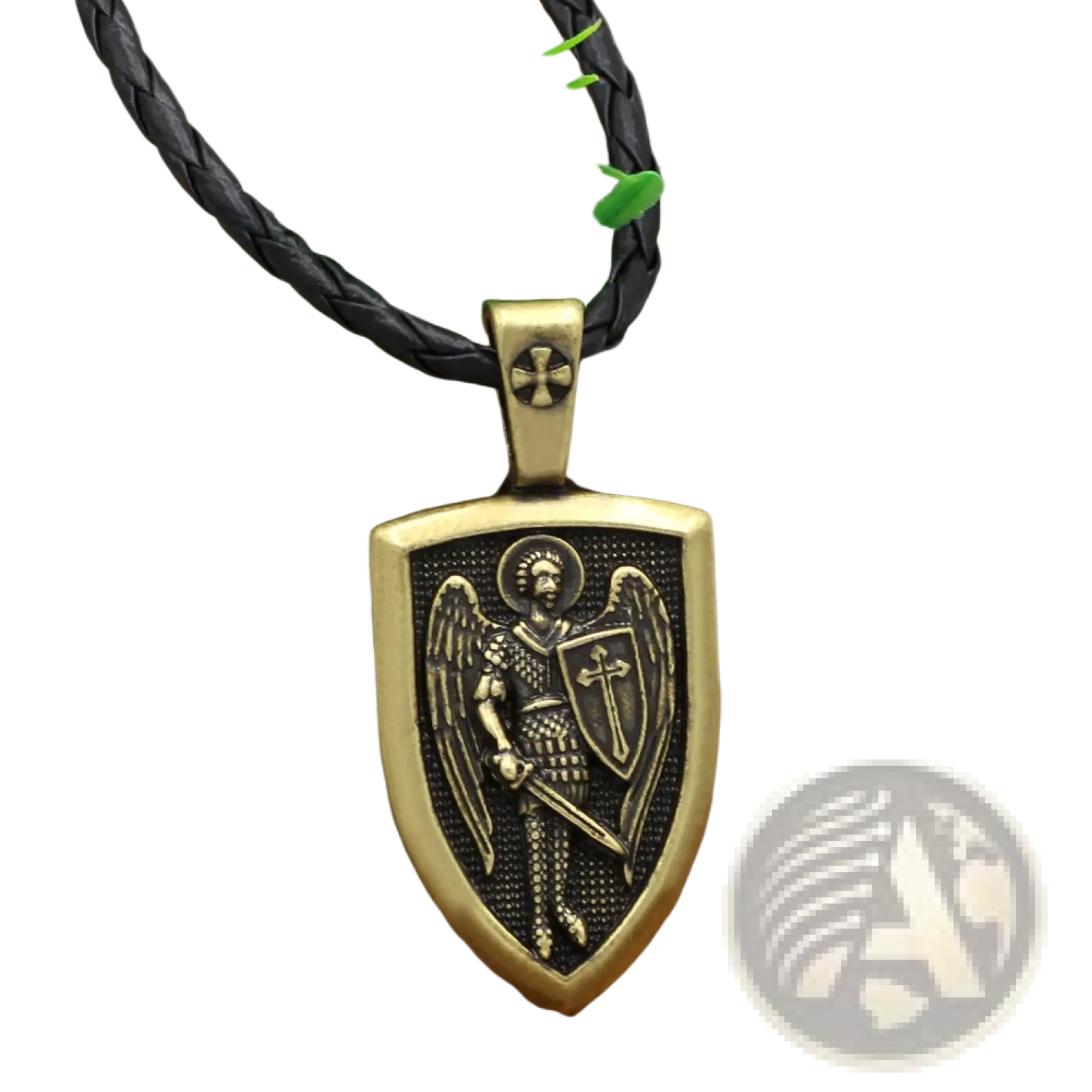 Bronze shield-shaped pendant engraved with saint michael archangel in armor on a black braided cord necklace