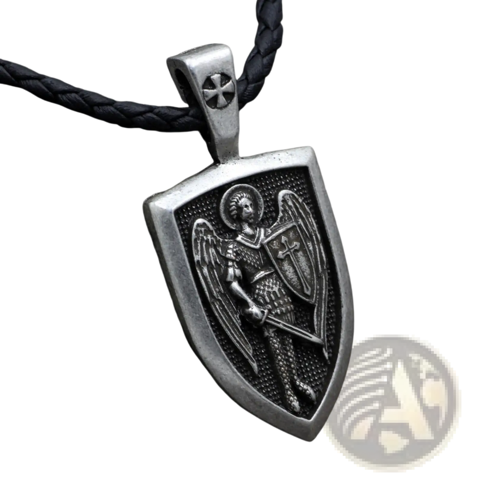 Silver shield-shaped pendant featuring an intricately engraved Saint Michael Archangel on a black braided cord necklace