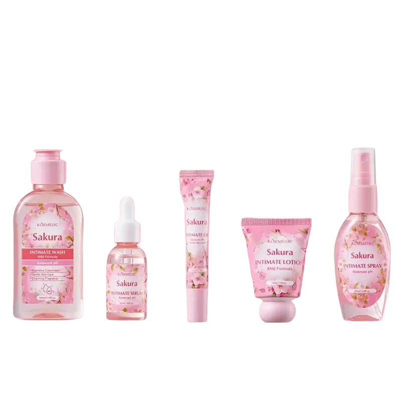 Sakura women intimate care 5-piece set with five pink floral-themed products in clear glass and plastic bottles with matching caps