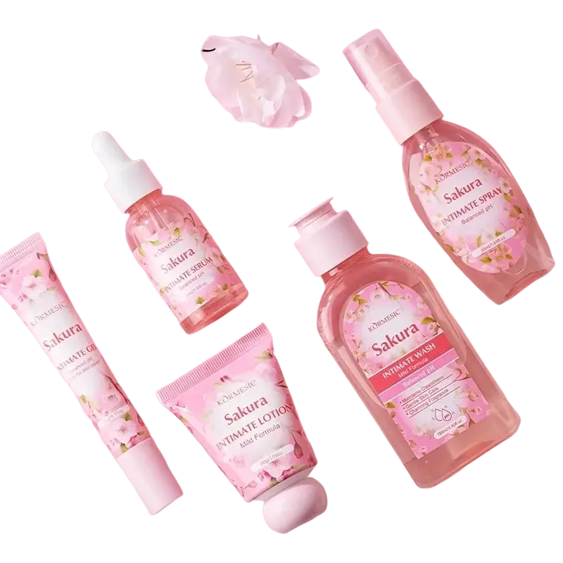 Pink sakura intimate wash bottle with white pump and floral label from kormesic in sakura women intimate care set