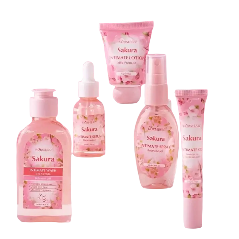 Pink floral-patterned kormesic sakura women intimate care 5-piece set with wash serum spray lotion and gel