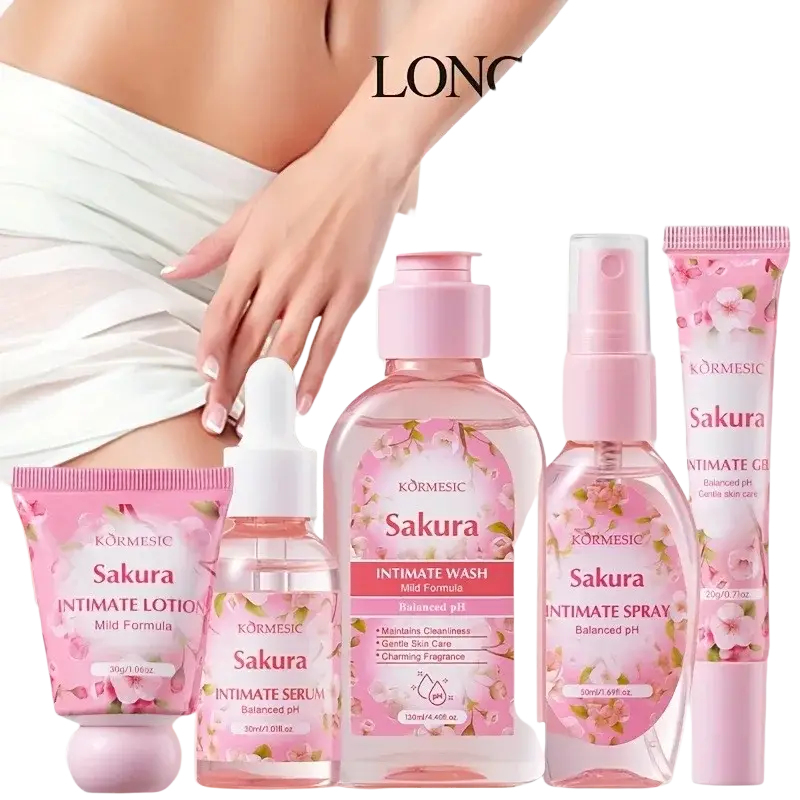 Pink floral-themed kormesic sakura women intimate care 5-piece set with matching pink caps and labels displayed