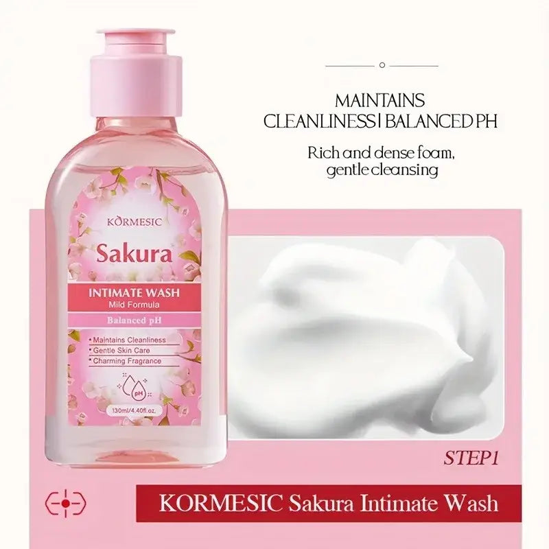Pink translucent bottle of kormesic sakura intimate wash with pink pump and floral label in sakura women intimate care set