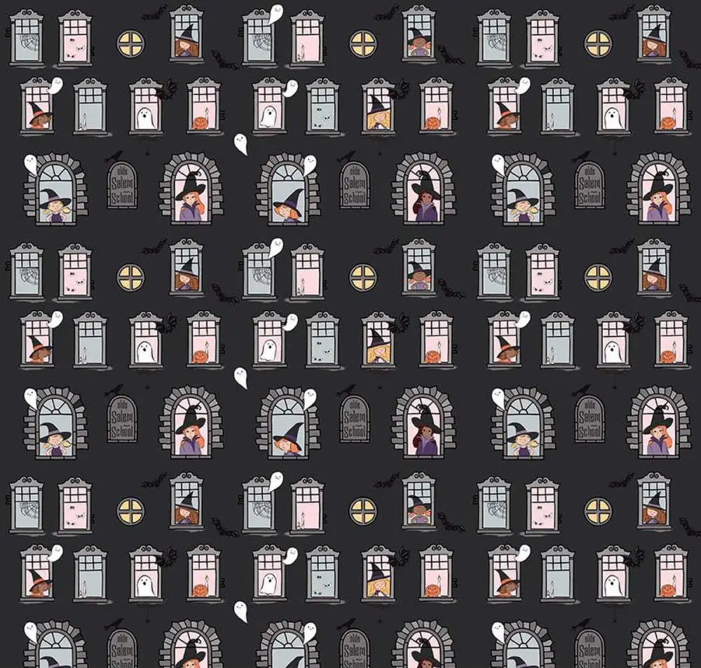 Dark gray cotton dress featuring a vintage witch print with cartoon witch windows ghosts and tombstones pattern